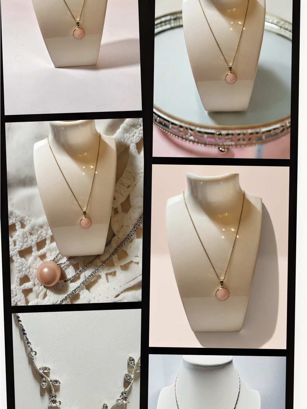 Vintage Style Rose Quartz & Silver Leaf Vine Mixed Metal Necklace Set